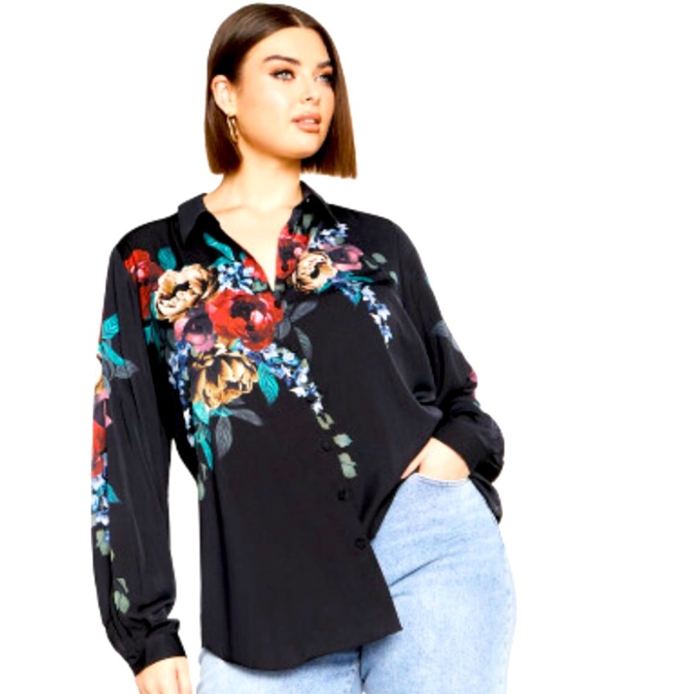 City Chic Black and Blue Graphic Long Sleeve Blouse